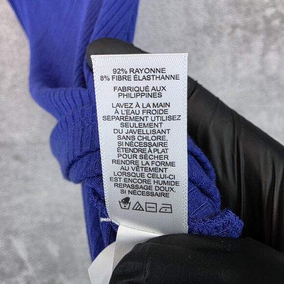 Express Shirt Womens Large Blue Ribbed Short Sleeve Puff Shoulder Stretch Rayon - Picture 9 of 11